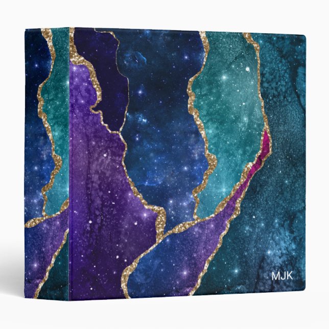 Blue Purple Aqua Gold Veins Agate Monogram 3 Ring Binder (Front/Spine)