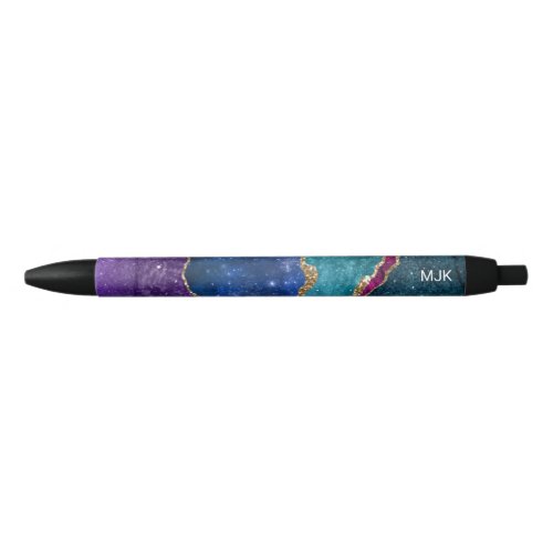 Blue Purple Aqua Gold Veins Agate Monogram Black Ink Pen