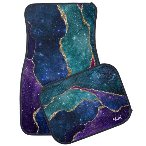 Blue Purple Aqua Gold Veins Agate Monogram Car Floor Mat