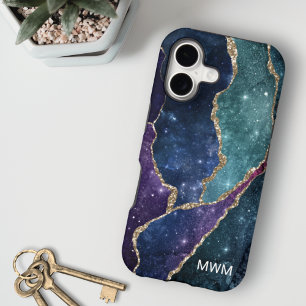 Blue Purple Aqua Gold Veins Agate Monogram iPhone 17 Case