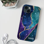 Blue Purple Aqua Gold Veins Agate Monogram iPhone 15 Case<br><div class="desc">Protect your phone in style with this chic design featuring your monogram and colorful shades of blue,  purple and aqua agate with metallic gold foil veins and sparkly stars.</div>