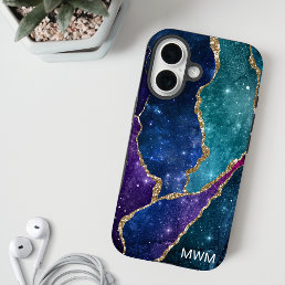 Blue Purple Aqua Gold Veins Agate Monogram iPhone 16 Case