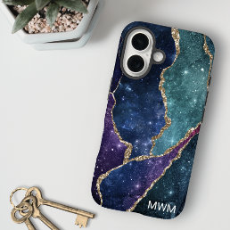 Blue Purple Aqua Gold Veins Agate Monogram iPhone 16 Case