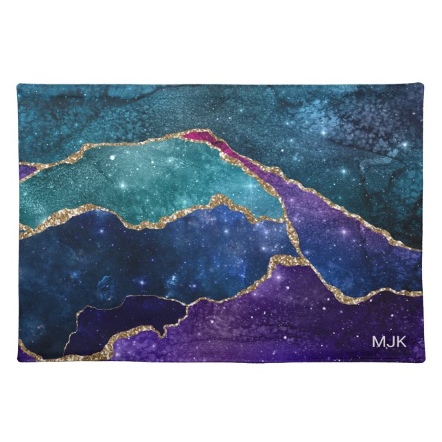 Blue Purple Aqua Gold Veins Agate Monogram Cloth Placemat (Front)