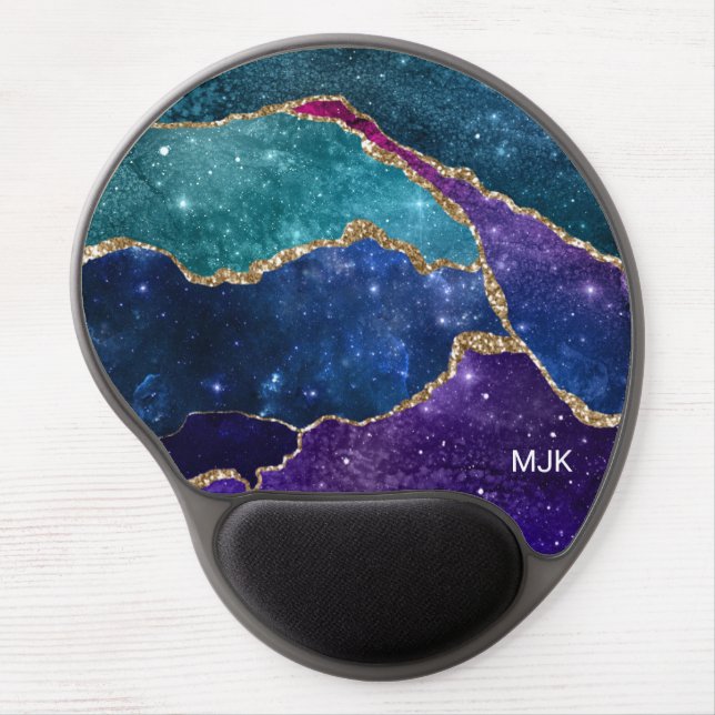 Blue Purple Aqua Gold Veins Agate Monogram Gel Mouse Pad (Front)
