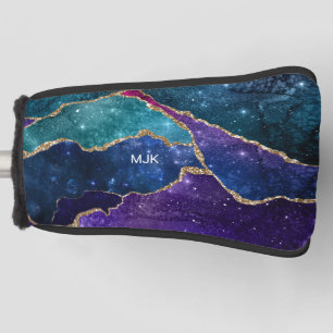 Blue Purple Aqua Gold Veins Agate Monogram Golf Head Cover