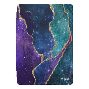Blue Purple Aqua Gold Veins Agate Monogram iPad Pro Cover