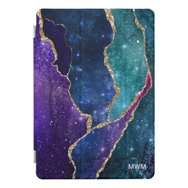 Blue Purple Aqua Gold Veins Agate Monogram iPad Pro Cover (Front)