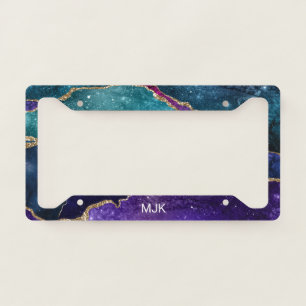 Blue Purple Aqua Gold Veins Agate Monogram License Plate Frame