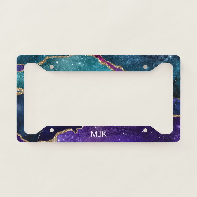 Blue Purple Aqua Gold Veins Agate Monogram License Plate Frame (Front)