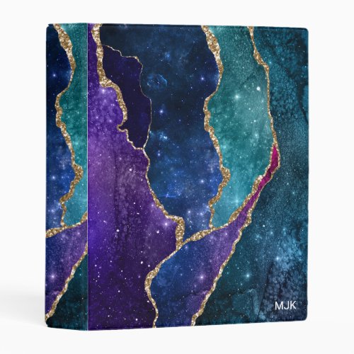 Blue Purple Aqua Gold Veins Agate Monogram Mini Binder