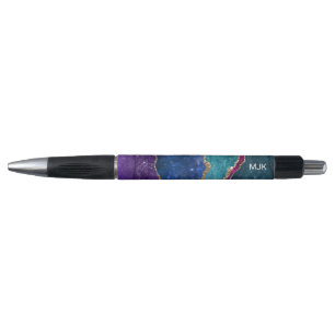 Blue Purple Aqua Gold Veins Agate Monogram Pen