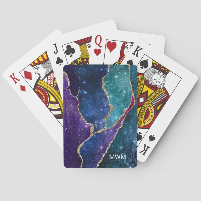 Blue Purple Aqua Gold Veins Agate Monogram Poker Cards (Back)