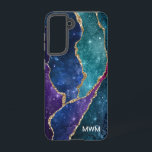 Blue Purple Aqua Gold Veins Agate Monogram Samsung Galaxy S21 Case<br><div class="desc">Protect your phone in style with this chic design featuring your monogram and colorful shades of blue,  purple and aqua agate with metallic gold foil veins and sparkly stars.</div>
