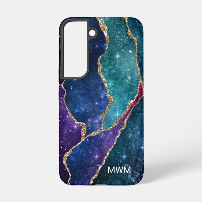 Blue Purple Aqua Gold Veins Agate Monogram Samsung Galaxy Case (Back)