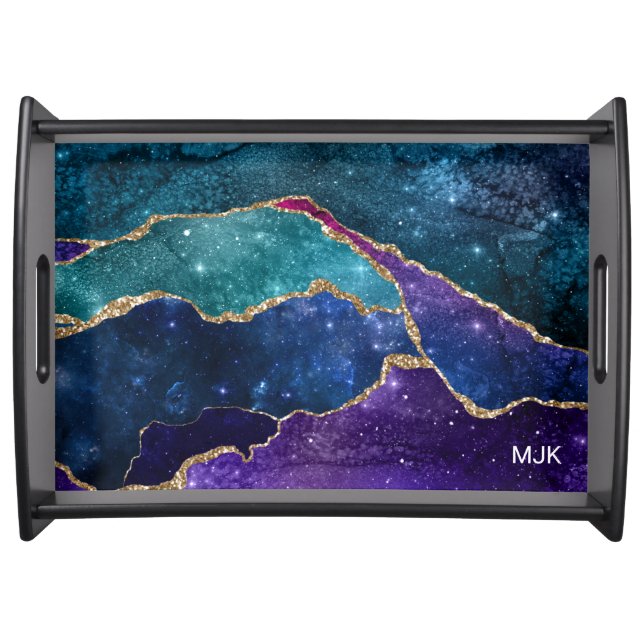 Blue Purple Aqua Gold Veins Agate Monogram Serving Tray (Front)