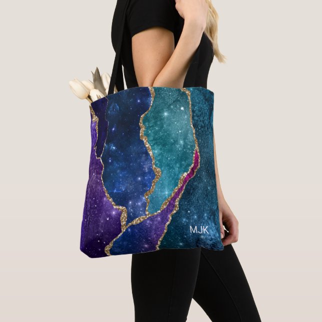Blue Purple Aqua Gold Veins Agate Monogram Tote Bag (Close Up)