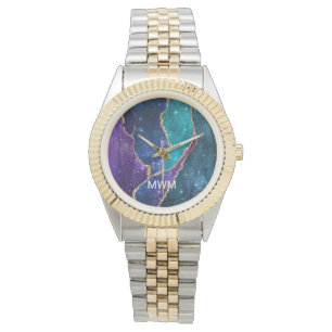 Blue Purple Aqua Gold Veins Agate Monogram Watch