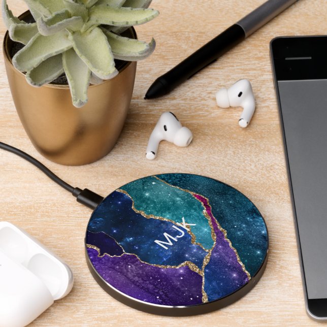 Blue Purple Aqua Gold Veins Agate Monogram Wireless Charger (Desk 2)