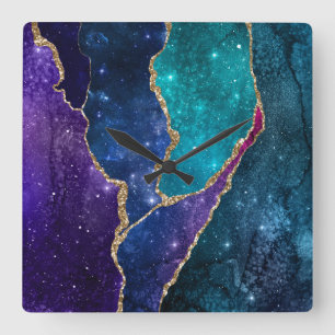 Blue Purple Aqua Gold Veins Agate Square Wall Clock