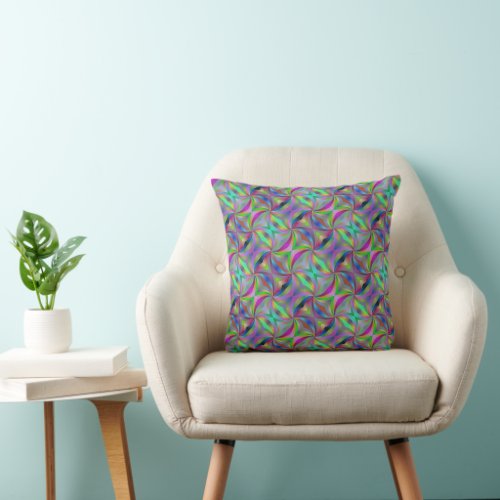 Blue Purple Aqua Pink Curve Pattern Boho Throw Pillow