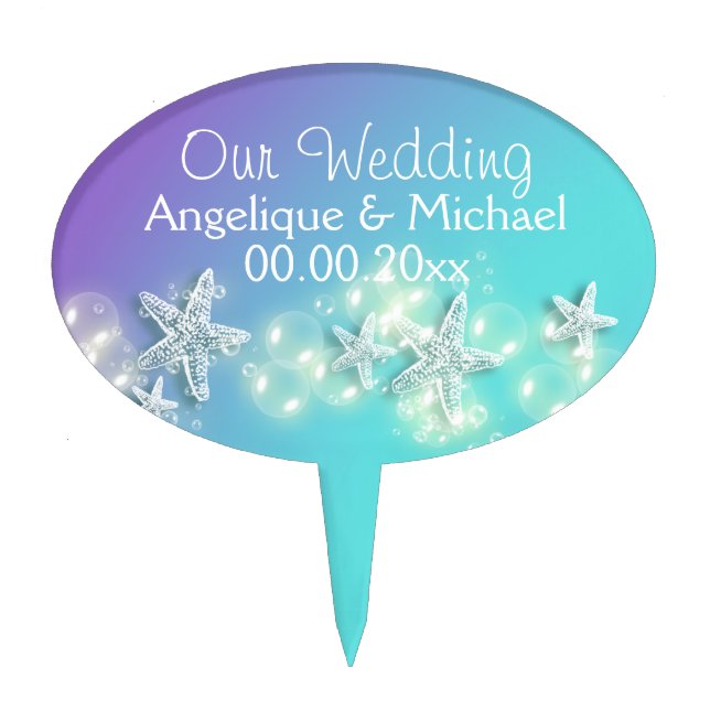 Blue purple beach starfish PERSONALIZE Cake Topper (Front)