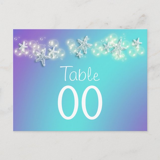 Blue purple beach starfish table number (Front)