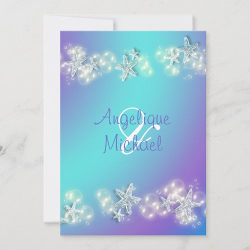 Blue purple beach starfish wedding custom invite