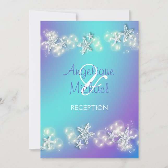 Blue purple beach starfish wedding invitation (Front)