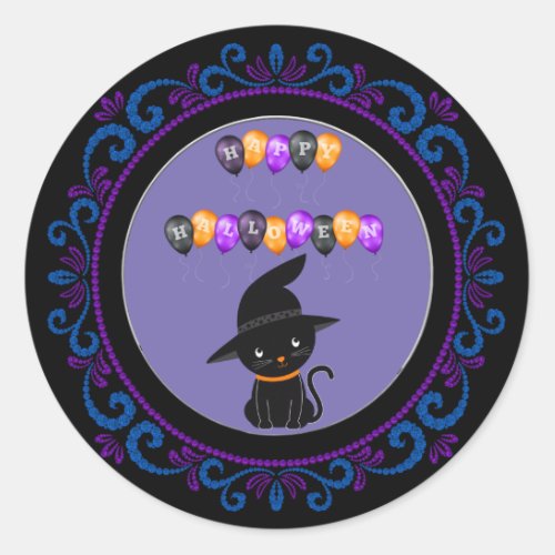 Blue Purple Black Cat Happy Halloween Balloons Classic Round Sticker