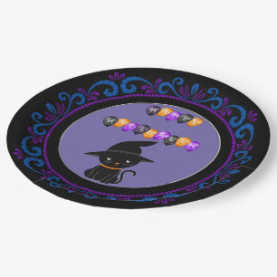 Blue Purple Black Cat Happy Halloween Balloons Paper Plates