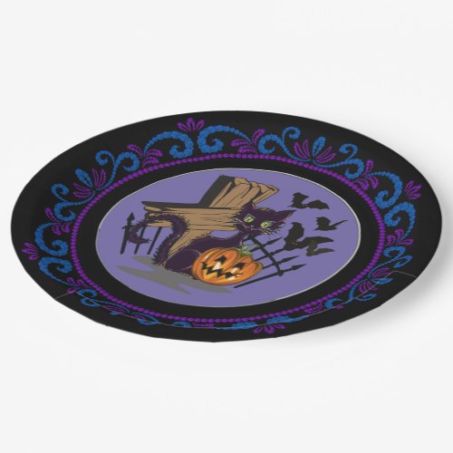 Blue Purple Black Cat Tombstone Bats Halloween Paper Plates