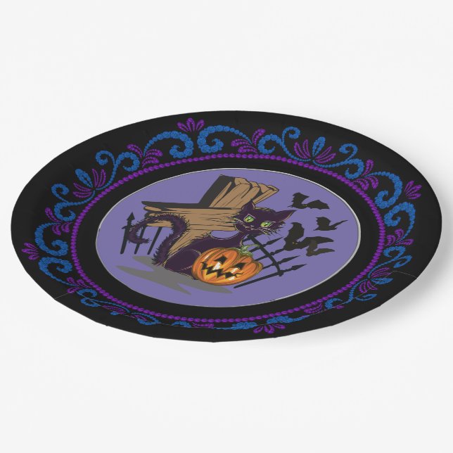 Blue Purple Black Cat Tombstone Bats Halloween Paper Plates (Angled)