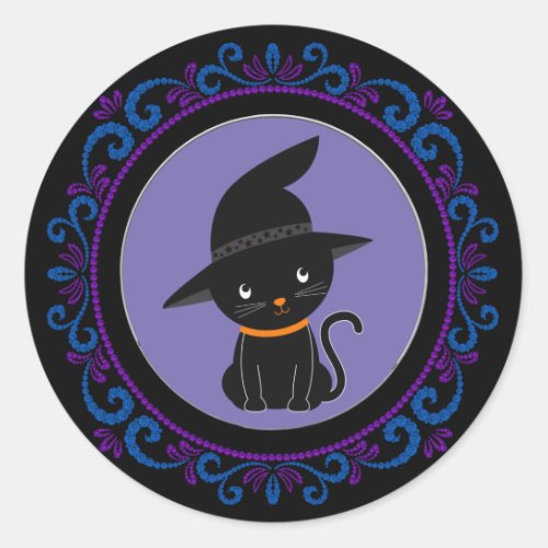Blue Purple Black Cat With A Witch Hat Halloween Classic Round Sticker