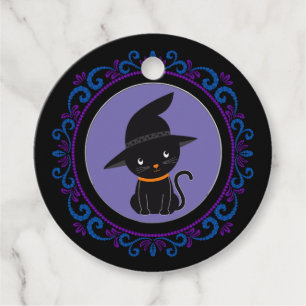 Blue Purple Black Cat With A Witch Hat Halloween Favor Tags