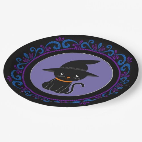 Blue Purple Black Cat With A Witch Hat Halloween Paper Plates