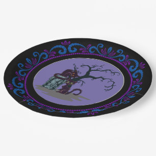 Blue Purple Black Cats Tombstone Tree Halloween Paper Plates