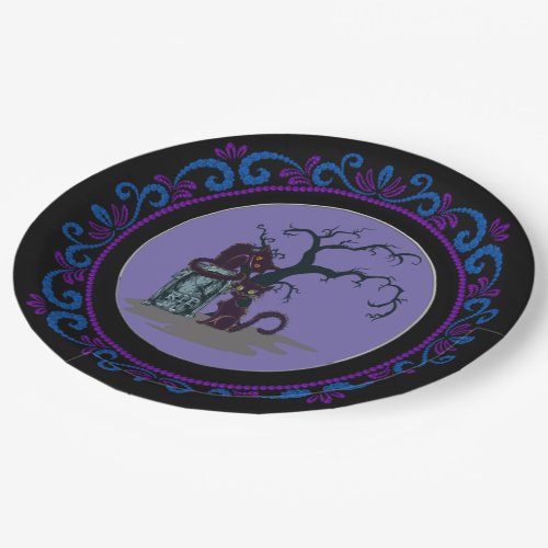 Blue Purple Black Cats Tombstone Tree Halloween Paper Plates