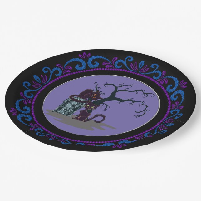 Blue Purple Black Cats Tombstone Tree Halloween Paper Plates (Angled)