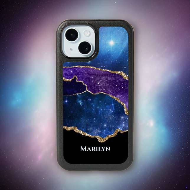 Blue Purple Black Starry Galaxy Monogram iPhone 15 Case (Creator Uploaded)