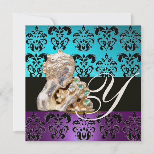 BLUE PURPLE BLACK WHITE DAMASK JEWEL MONOGRAM INVITATION