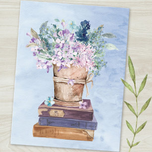 Blue Purple Books and Flowers Art Postcard