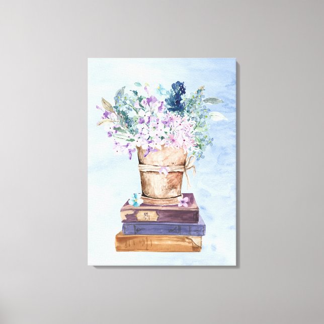 Blue Purple Books and Flowers Canvas Wall Art (Front)