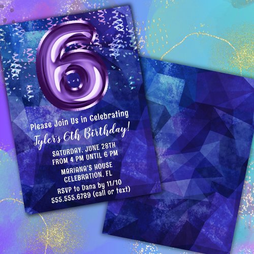 Blue Purple Boy 6th Birthday Invitation