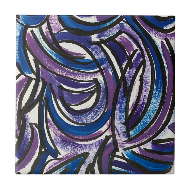 Blue Purple Brushstrokes-Hand Painted Abstract Ceramic Tile (Front)