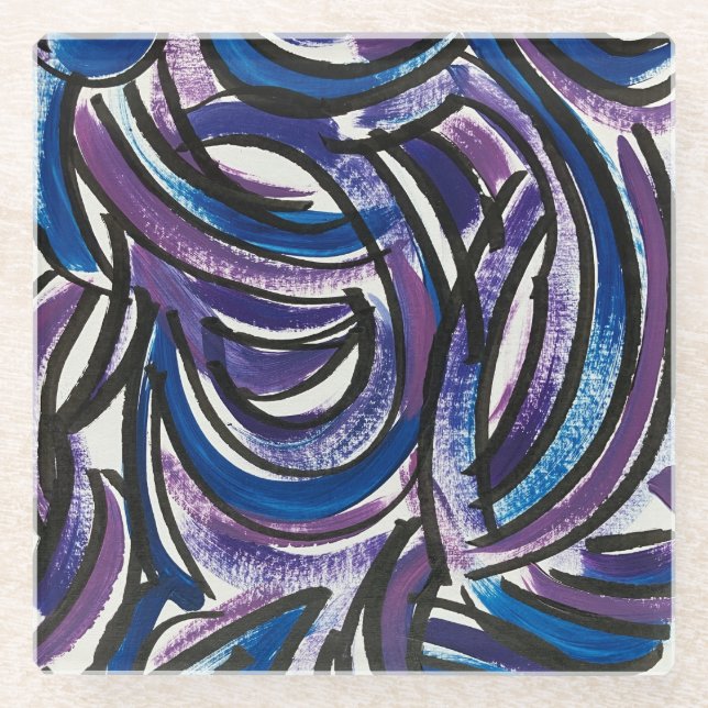 Blue Purple Brushstrokes-Hand Painted Abstract Glass Coaster (Front)