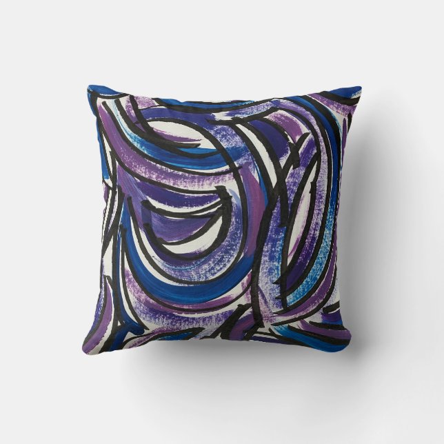 Blue Purple Brushstrokes-Hand Painted Abstract Throw Pillow (Back)