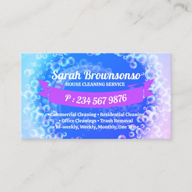 Blue Purple Bubbles Cleaning Washing Business Card (Front)