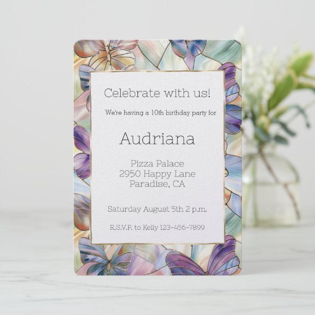 Blue Purple Butterflies Birthday Invitation (Standing Front)