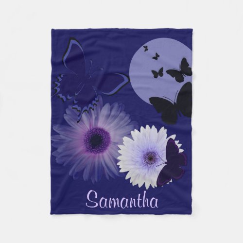 Blue Purple Butterfly and Daisy Personalized Fleece Blanket